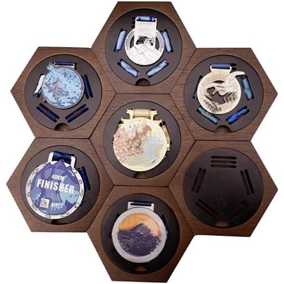 Set of 7 Hexagon Wooden Medal Display Rack with Strong Magnets for Awards - Picture 1 of 3